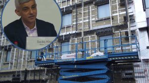 Cladding being removed from a building and (inset) London mayor Sadiq Khan