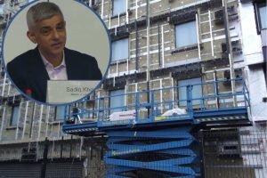 Cladding being removed from a building and (inset) London mayor Sadiq Khan