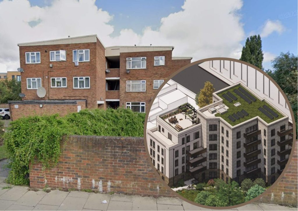 The existing building in Ordnance Road and (inset) plans for its redevelopment submitted by MTVH (credit BM3)