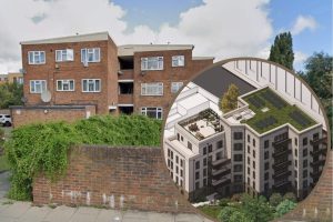 The existing building in Ordnance Road and (inset) plans for its redevelopment submitted by MTVH (credit BM3)