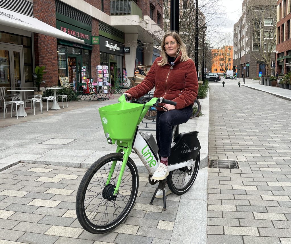Phoebe Slack on a Lime bike (credit Kumail Jaffer/LDRS)