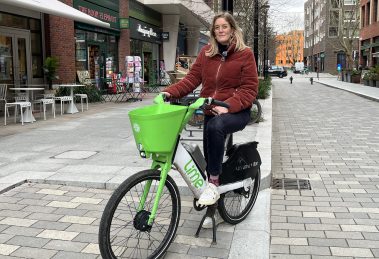Phoebe Slack on a Lime bike (credit Kumail Jaffer/LDRS)