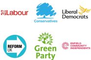 The party logos for Labour, the Conservatives, Lib Dems, Reform UK, Green Party and Enfield Community Independents