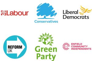 The party logos for Labour, the Conservatives, Lib Dems, Reform UK, Green Party and Enfield Community Independents