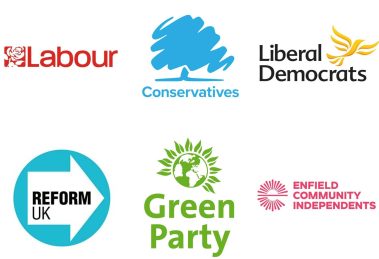 The party logos for Labour, the Conservatives, Lib Dems, Reform UK, Green Party and Enfield Community Independents