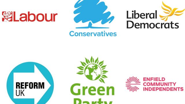 The party logos for Labour, the Conservatives, Lib Dems, Reform UK, Green Party and Enfield Community Independents