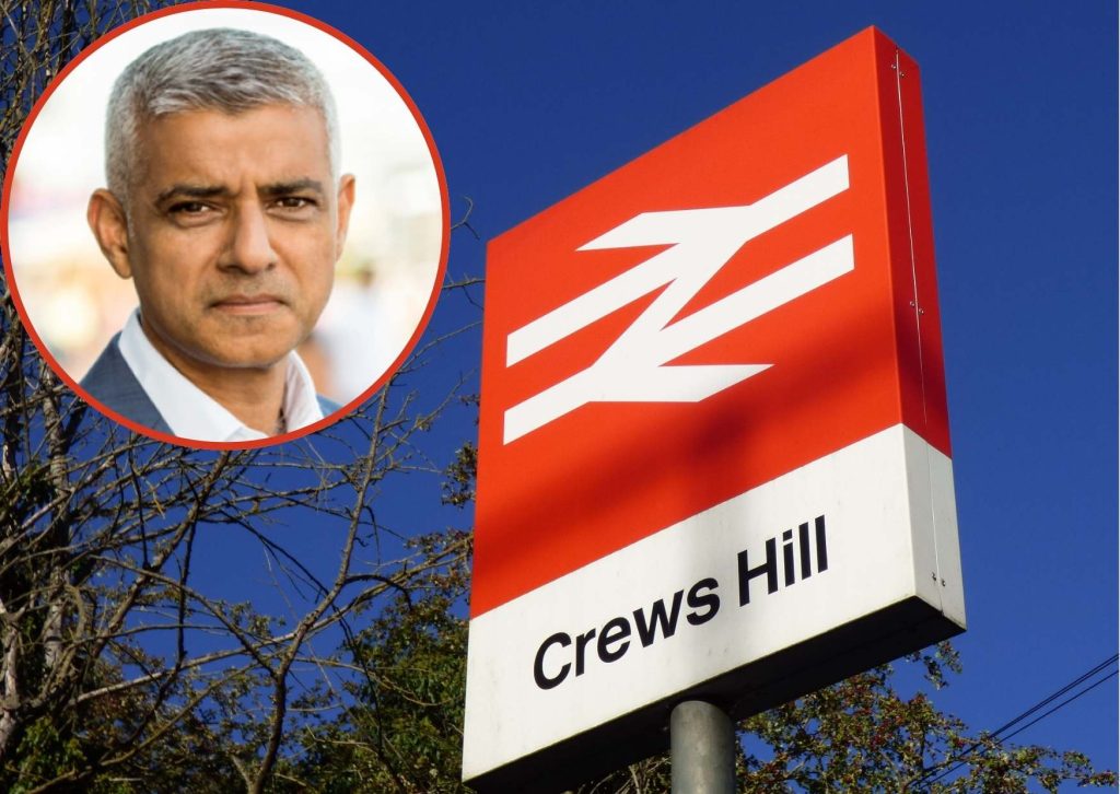 Crews Hill Station with (inset) Sadiq Khan