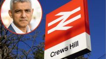 Crews Hill Station with (inset) Sadiq Khan