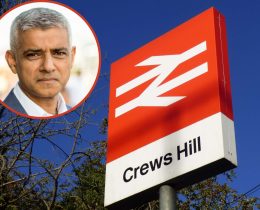 Crews Hill Station with (inset) Sadiq Khan