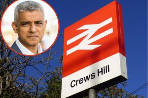 Crews Hill Station with (inset) Sadiq Khan