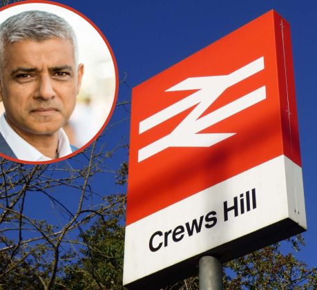 Crews Hill Station with (inset) Sadiq Khan