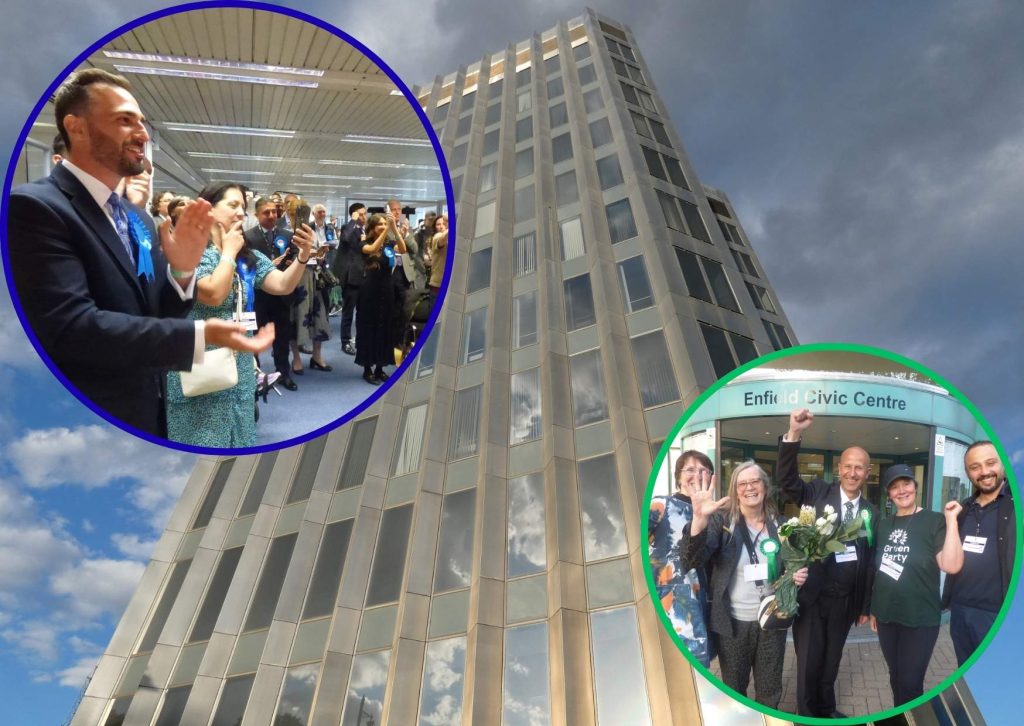 Celebrating big wins today at Enfield Civic Centre were the Conservatives (top left) and the Greens (bottom right)