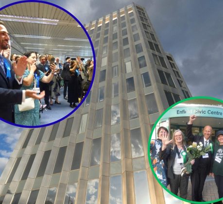 Celebrating big wins today at Enfield Civic Centre were the Conservatives (top left) and the Greens (bottom right)