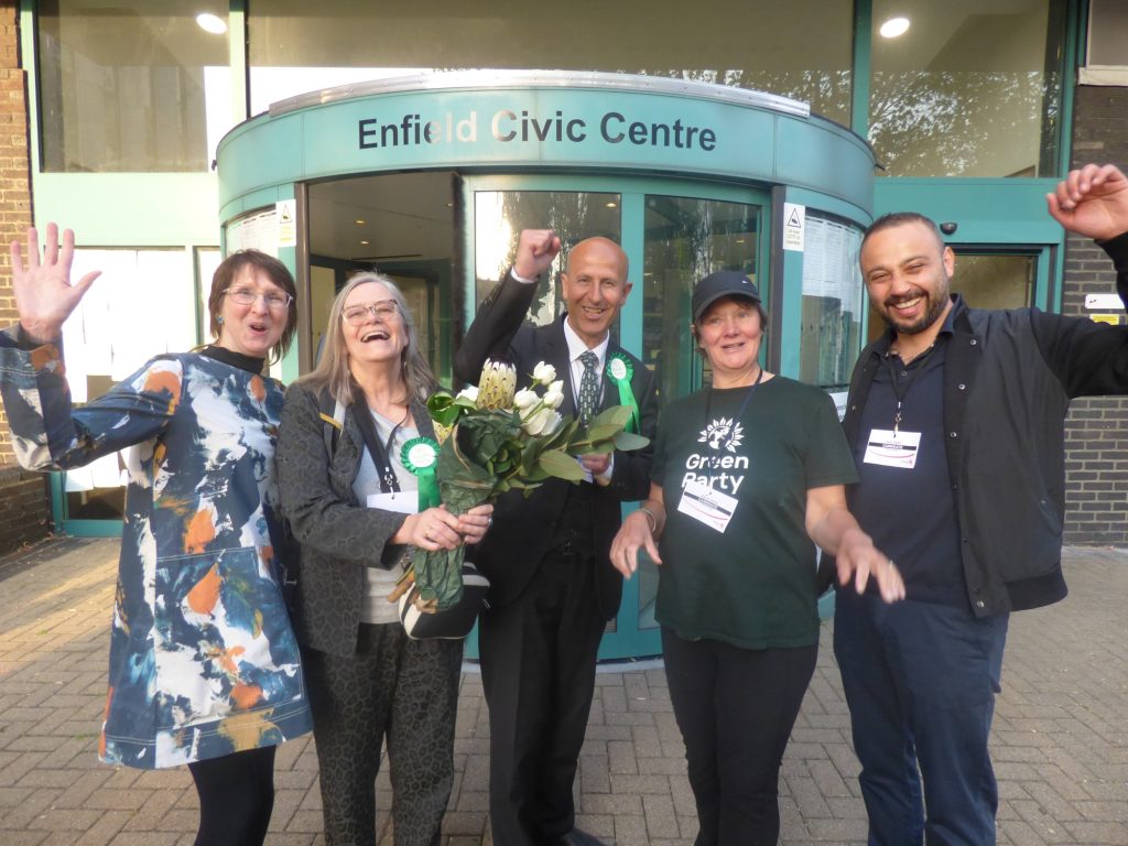 Enfield's five new Green Party councillors celebrate (credit Anna-Louise Adepegba)