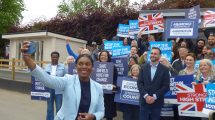 Conservate Party leader Kemi Badenoch poses for a selfie with local activists