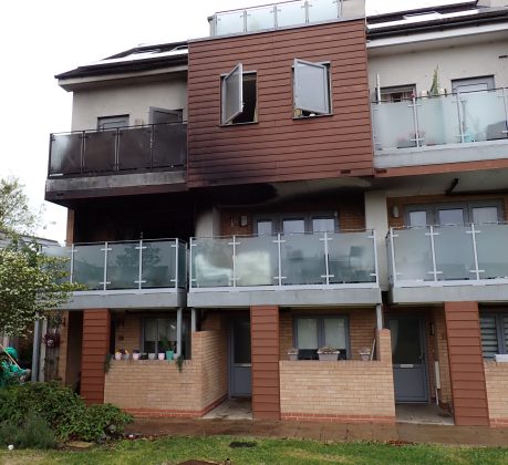 The aftermath of the maisonette fire in Cromie Close, Southgate
