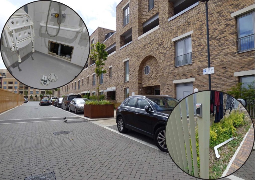 Oxeye Way in Meridian Water with (inset left) the broken shower) and (inset right) one of the broken security gates