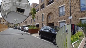 Oxeye Way in Meridian Water with (inset left) the broken shower) and (inset right) one of the broken security gates