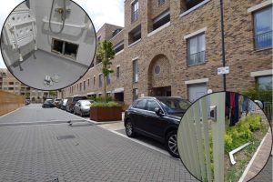 Oxeye Way in Meridian Water with (inset left) the broken shower) and (inset right) one of the broken security gates