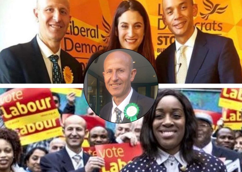 Ratip Alsulaiman as a Lib Dem (top), with Labour (bottom), and as a newly-elected Green (centre)