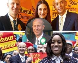 Ratip Alsulaiman as a Lib Dem (top), with Labour (bottom), and as a newly-elected Green (centre)