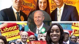 Ratip Alsulaiman as a Lib Dem (top), with Labour (bottom), and as a newly-elected Green (centre)