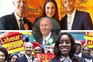 Ratip Alsulaiman as a Lib Dem (top), with Labour (bottom), and as a newly-elected Green (centre)