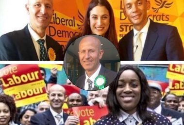 Ratip Alsulaiman as a Lib Dem (top), with Labour (bottom), and as a newly-elected Green (centre)