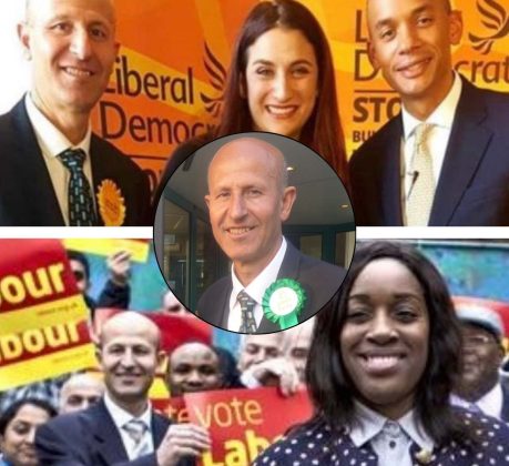 Ratip Alsulaiman as a Lib Dem (top), with Labour (bottom), and as a newly-elected Green (centre)