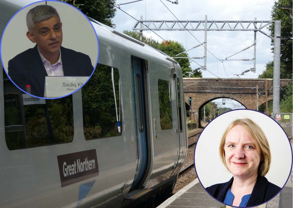 A Great Northern train at Winchmore Hill Station with (inset left) Sadiq Khan and (inset right) Joanne McCartney