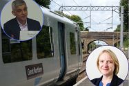 A Great Northern train at Winchmore Hill Station with (inset left) Sadiq Khan and (inset right) Joanne McCartney