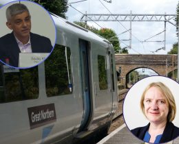 A Great Northern train at Winchmore Hill Station with (inset left) Sadiq Khan and (inset right) Joanne McCartney