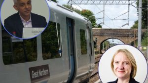 A Great Northern train at Winchmore Hill Station with (inset left) Sadiq Khan and (inset right) Joanne McCartney