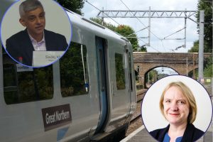 A Great Northern train at Winchmore Hill Station with (inset left) Sadiq Khan and (inset right) Joanne McCartney