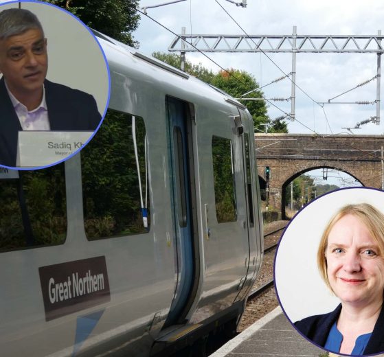 A Great Northern train at Winchmore Hill Station with (inset left) Sadiq Khan and (inset right) Joanne McCartney