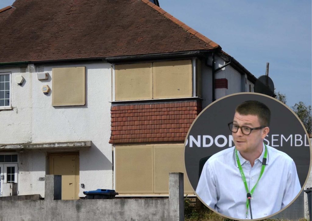 An empty home and (inset) Sam Bloomer from Shelter speaks at the London Assembly