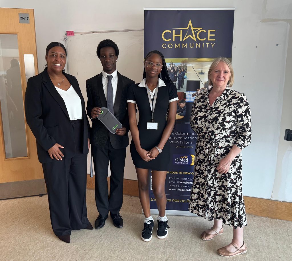 At Chace Community School were (from left) headteacher Tanya Douglas, Omari Green (Enfield young mayor), head student Absa Thiam and London Assembly member Joanne McCartney