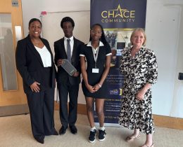 At Chace Community School were (from left) headteacher Tanya Douglas, Omari Green (Enfield young mayor), head student Absa Thiam and London Assembly member Joanne McCartney