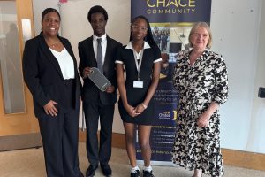 At Chace Community School were (from left) headteacher Tanya Douglas, Omari Green (Enfield young mayor), head student Absa Thiam and London Assembly member Joanne McCartney