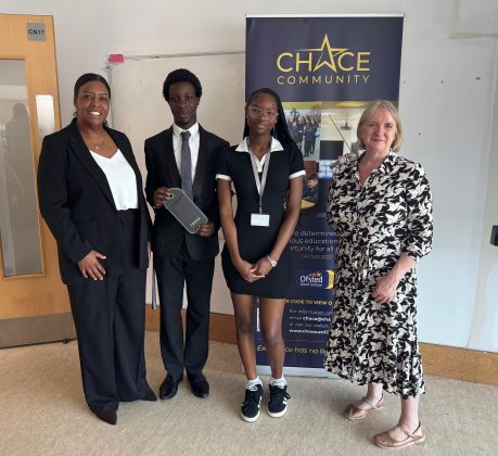 At Chace Community School were (from left) headteacher Tanya Douglas, Omari Green (Enfield young mayor), head student Absa Thiam and London Assembly member Joanne McCartney