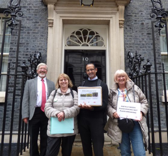Local campaigners outside 10 Downing Street (from left) John West, Carol Fisk, Ian D'Souza and Vicki Pite