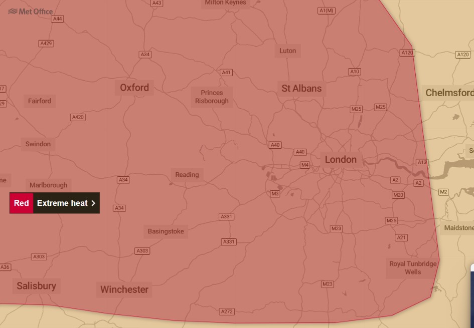 The red alert is in force from Wednesday at 9am until Thursday at 9pm (credit Met Office/MapTiler/OpenStreetMap contributors