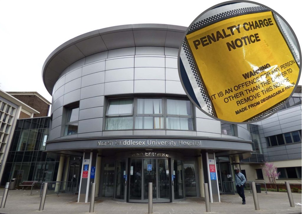 North Middlesex Hospital and (inset) a parking ticket