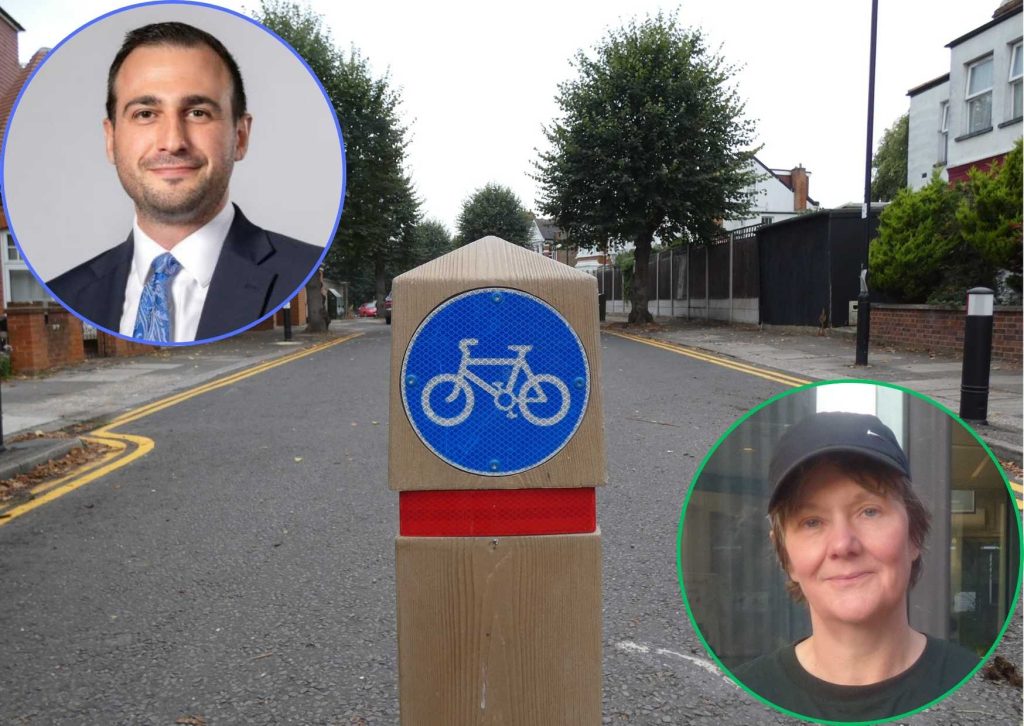 The Fox Lane LTN with (inset left) council leader Alessandro Georgiou and (inset right) Green group leader Sarah Jons