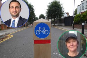 The Fox Lane LTN with (inset left) council leader Alessandro Georgiou and (inset right) Green group leader Sarah Jons