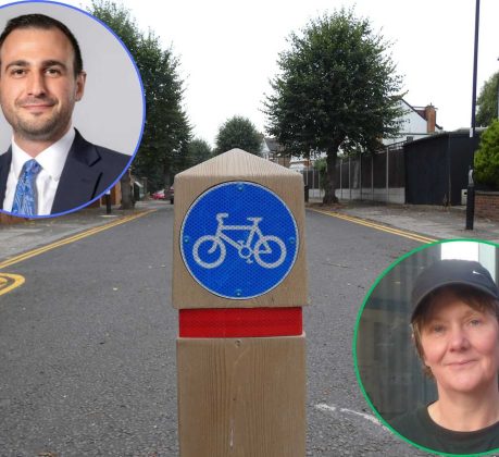 The Fox Lane LTN with (inset left) council leader Alessandro Georgiou and (inset right) Green group leader Sarah Jons