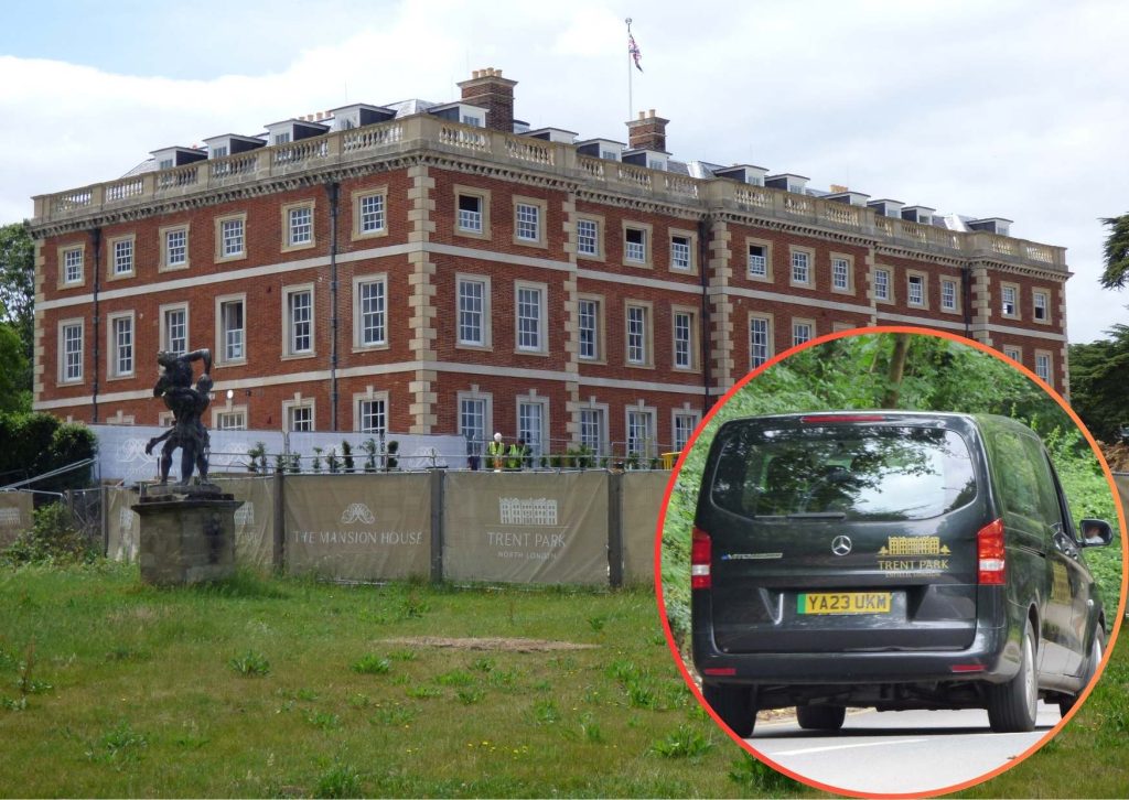 Trent Park House and (inset) the shuttle bus