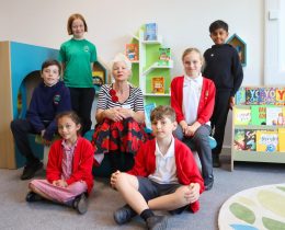 Local children’s author Jeanne Willis joins Walker Primary School pupils for the launch of the school's new library