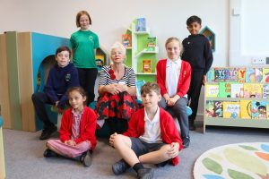 Local children’s author Jeanne Willis joins Walker Primary School pupils for the launch of the school's new library