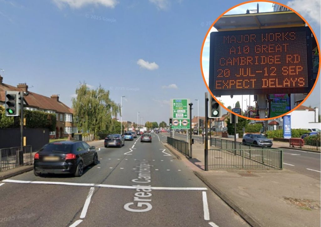 The current pedestrian crossing at Great Cambridge Gardens and (inset) a warning about the roadworks